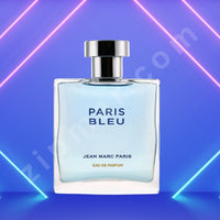 Thumbnail for Perfume bottle labeled 'Paris Bleu' by Jean Marc Paris on a blue and pink geometric background