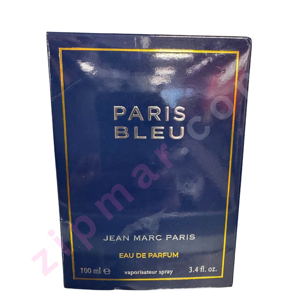 Perfume packaging of 'Paris Bleu' by Jean Marc Paris on a white background