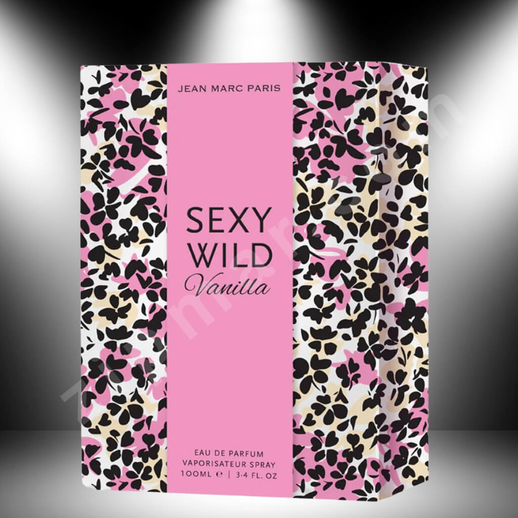 Perfume bottle packaging with pink and black floral pattern on a gray background