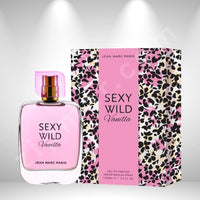 Thumbnail for Pink perfume bottle and packaging with 'Sexy Wild Vanilla' text on a light gray background