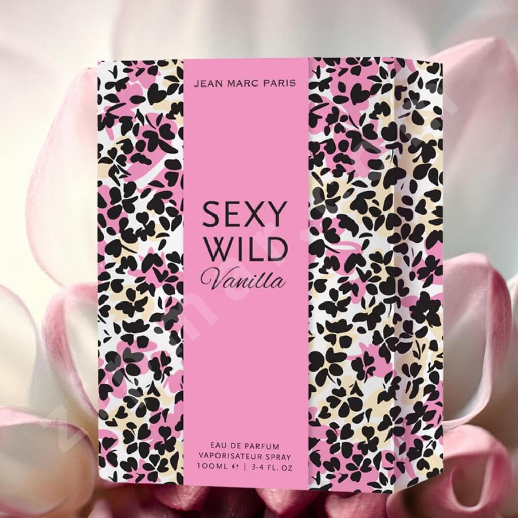 Perfume packaging with pink and black floral pattern, featuring the brand 'Jean Marc Paris'.