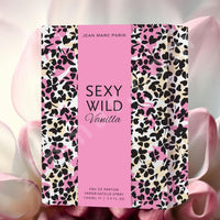 Thumbnail for Perfume packaging with pink and black floral pattern, featuring the brand 'Jean Marc Paris'.