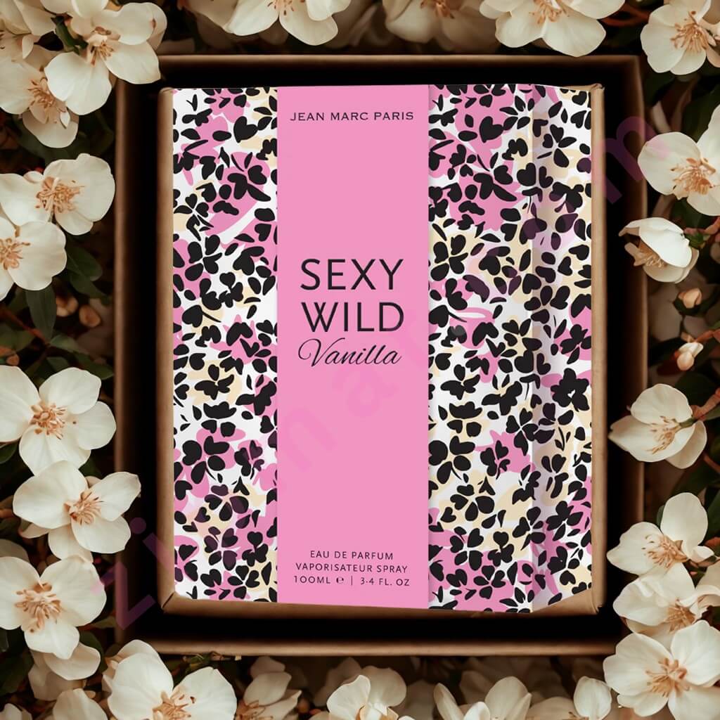 Perfume bottle with 'Sexy Wild Vanilla' packaging surrounded by flowers
