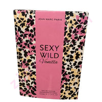 Thumbnail for Perfume packaging with pink center and black and yellow patterned sides, featuring 'Jean Marc Paris Sexy Wild Vanilla' text.