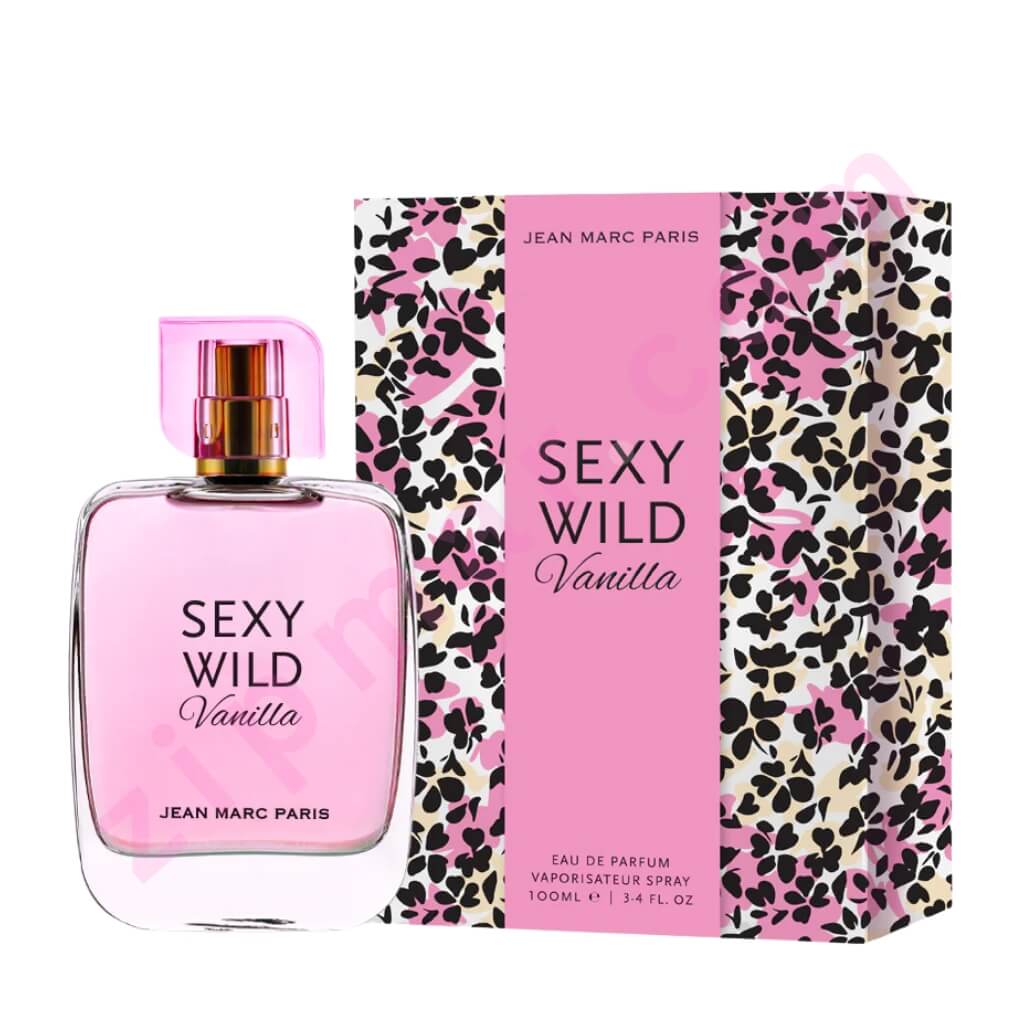 Pink perfume bottle and packaging with 'Sexy Wild Vanilla' text on a white background