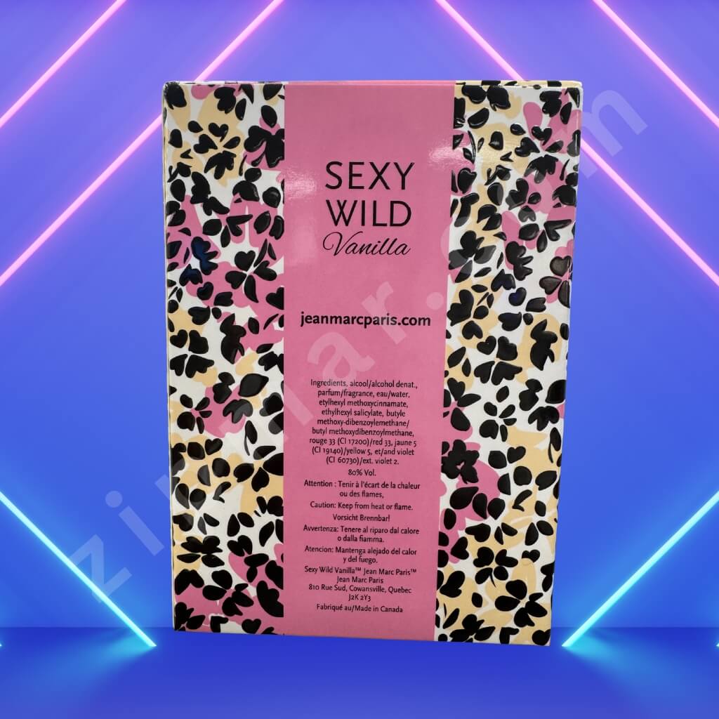 Product packaging with leopard print design and pink text on a blue and purple gradient background