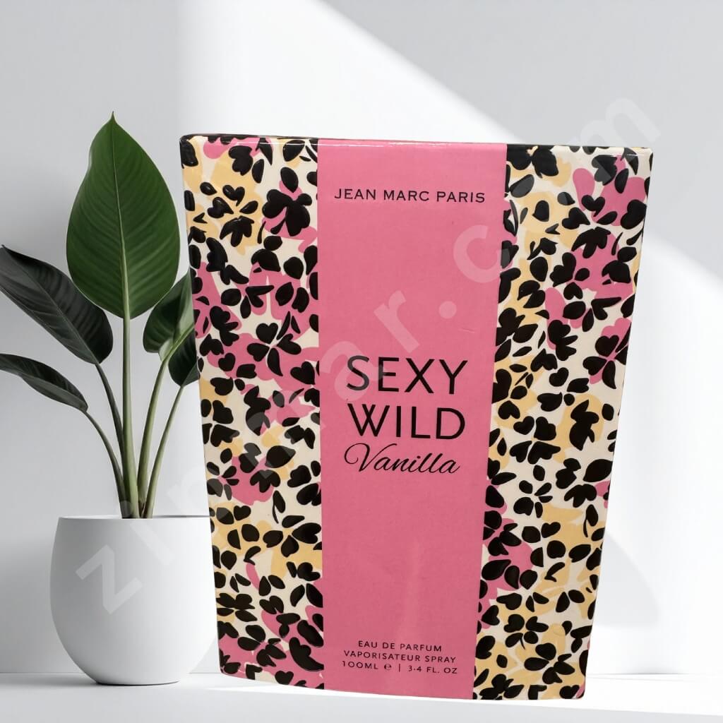 Jean Marc Paris Sexy Wild Vanilla perfume packaging with pink and black floral pattern