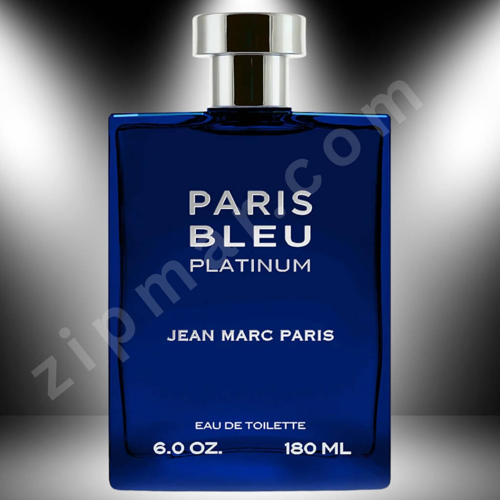 Blue perfume bottle labeled 'Paris Bleu Platinum' by Jean Marc Paris on a dark background.