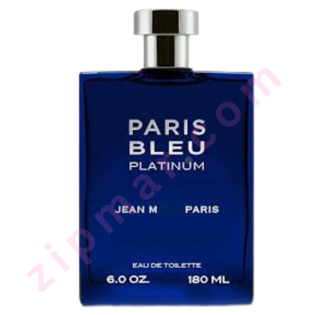 Blue perfume bottle labeled 'Paris Bleu Platinum' by Jean M Paris on a white background.