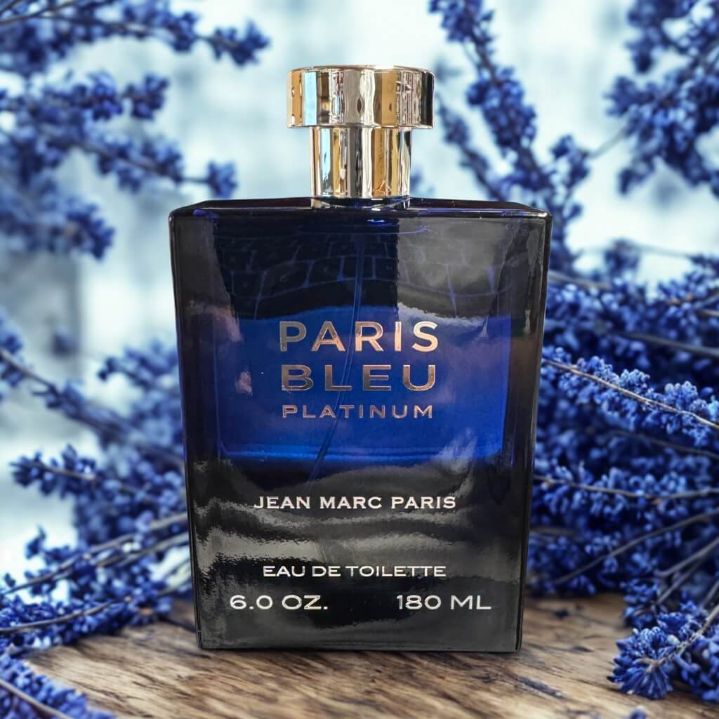 Perfume bottle labeled 'Paris Bleu Platinum' by Jean Marc Paris with lavender flowers in the background.