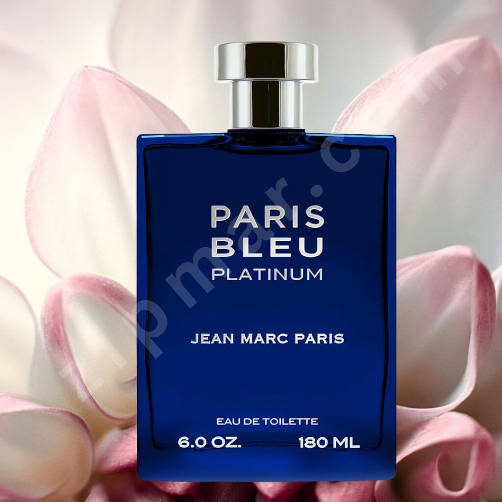 Perfume bottle labeled 'Paris Bleu Platinum' by Jean Marc Paris with pink flowers in the background