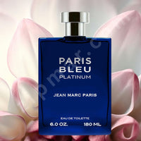 Thumbnail for Perfume bottle labeled 'Paris Bleu Platinum' by Jean Marc Paris with pink flowers in the background