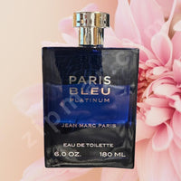 Thumbnail for Perfume bottle labeled 'Paris Bleu Platinum' by Jean Marc Paris with pink flowers in the background