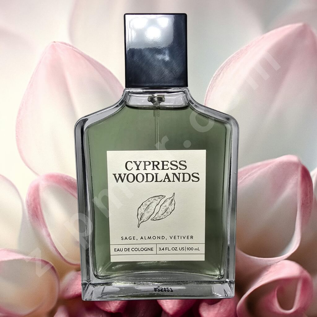 Perfume bottle labeled 'Cypress Woodlands' with pink flowers in the background