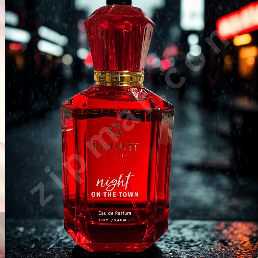 Red perfume bottle labeled 'Night on the Town' with a blurred city street background