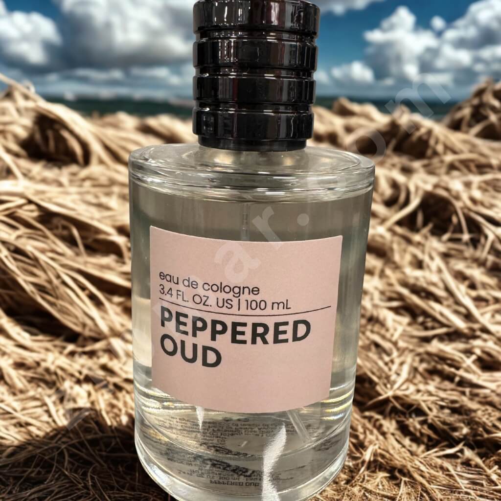 Perfume bottle labeled 'Peppered Oud' with a natural background