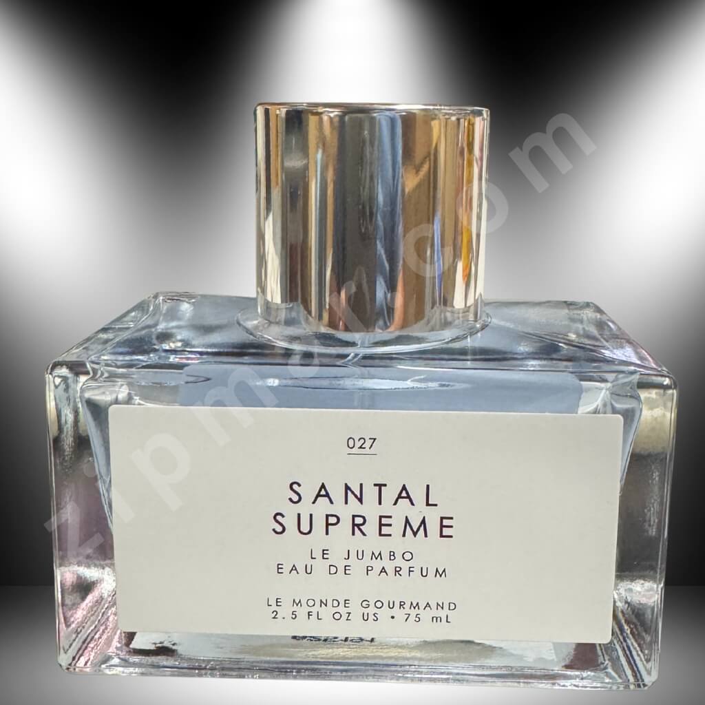 Santal Supreme perfume bottle with a metallic cap on a gradient background