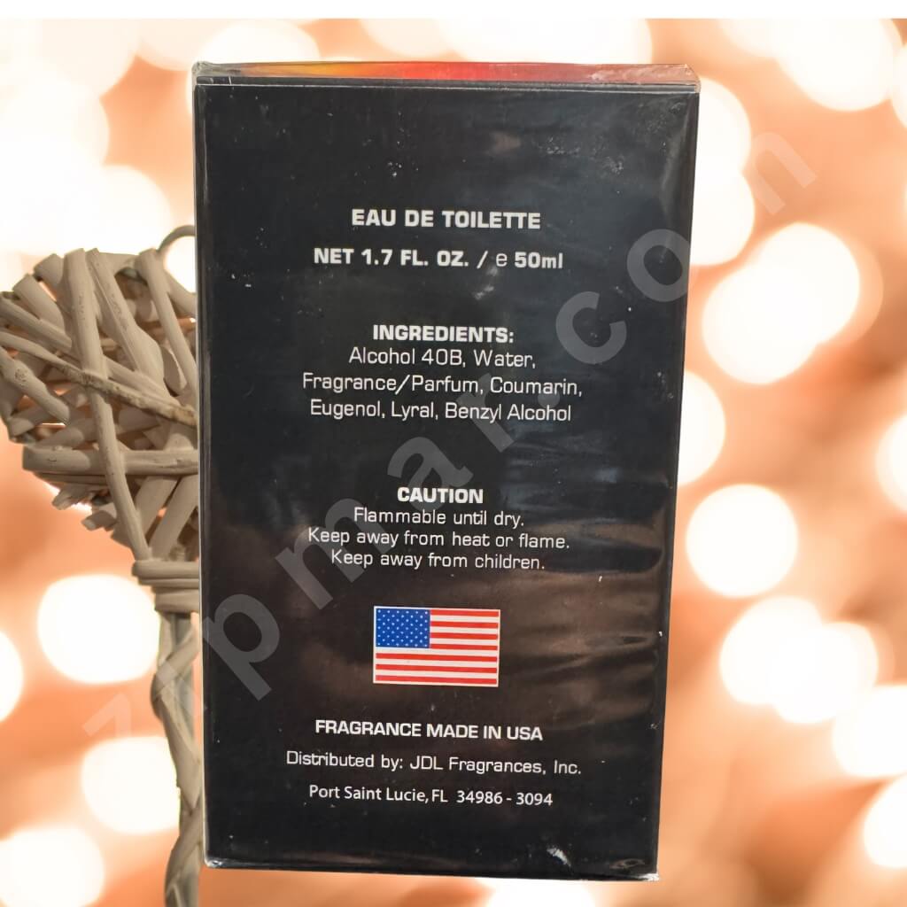 Black box of a perfume with ingredients and cautionary text on a blurred background