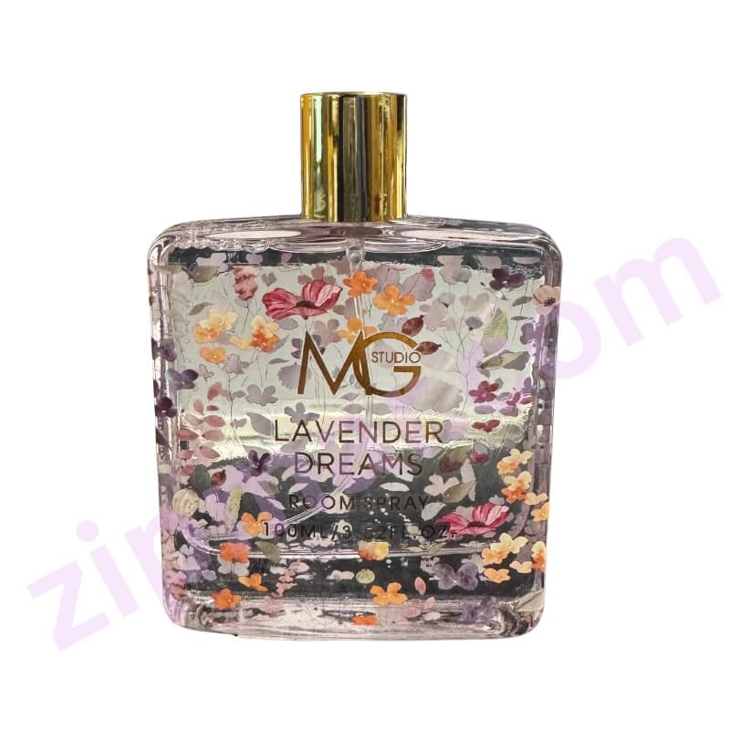 Perfume bottle with floral design and gold cap on a white background