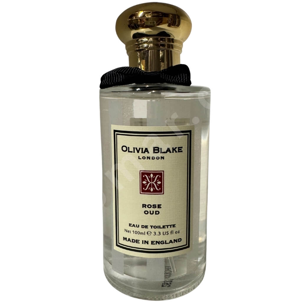 Perfume bottle labeled 'Olivia Blake London Rose Oud' on a white background