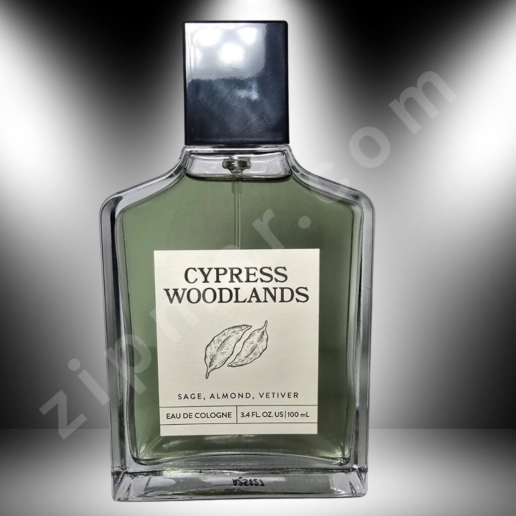 Cypress Woodlands cologne bottle with a gray background