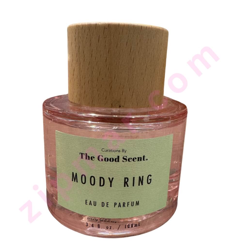 Eau de parfum bottle labeled 'Moody Ring' by 'The Good Scent' with a wooden cap on a white background.