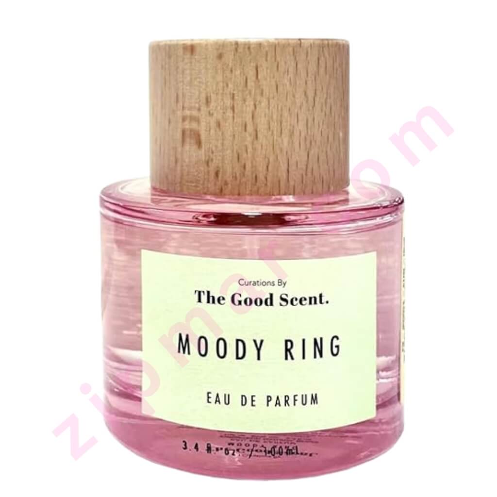 Pink perfume bottle with wooden cap labeled 'Moody Ring' by 'The Good Scent' on a white background.
