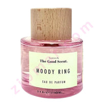 Thumbnail for Pink perfume bottle with wooden cap labeled 'Moody Ring' by 'The Good Scent' on a white background.