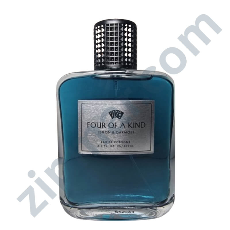 Blue perfume bottle labeled 'Four of a Kind' on a white background