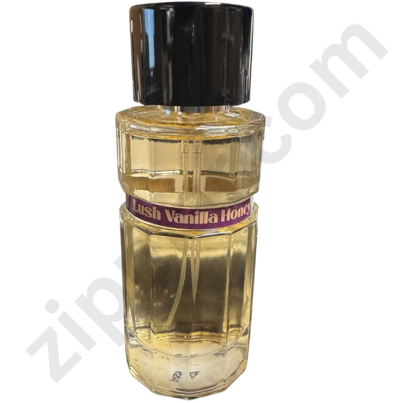 Perfume bottle labeled 'Lush Vanilla Honey' on a white background