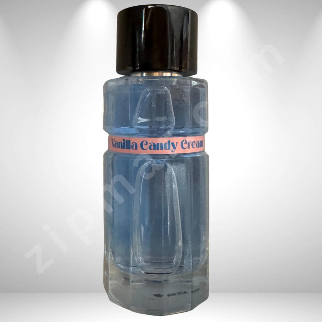 Clear bottle with black cap labeled 'Vanilla Candy Cream' on a white background