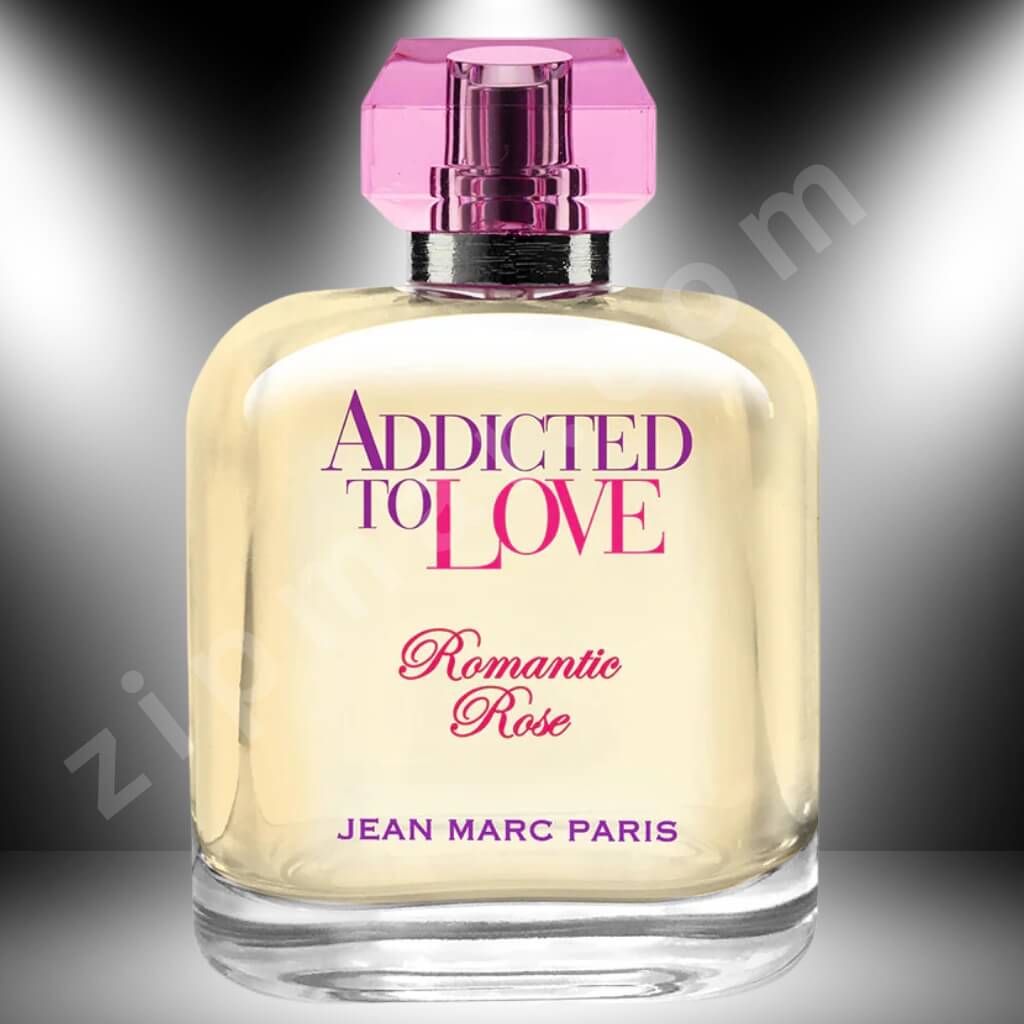 Perfume bottle labeled 'Addicted to Love Romantic Rose' by Jean Marc Paris on a dark background