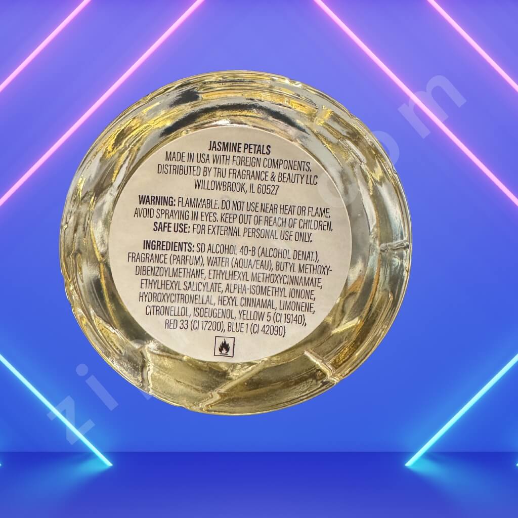 Back label of a perfume bottle with text and a blue neon light background