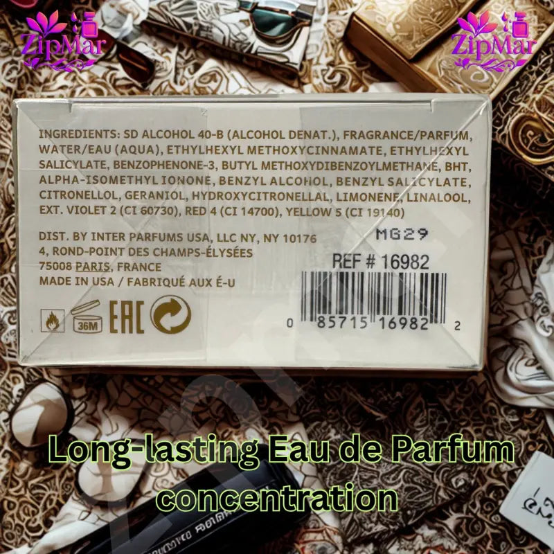 Abercrombie and Fitch Away Eau de Parfum box underside with ingredients, UPC barcode, REF 16982 and Inter Parfums USA distributor