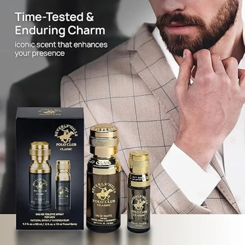 Top down view of Beverly Hills Polo Club Classic cologne bottles on a marble background.
