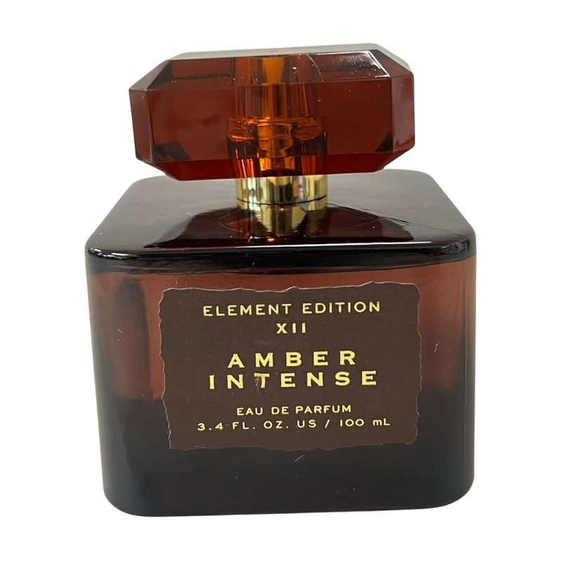 Close up of the label on the Tru Fragrance Element Edition XII Amber Intense Eau De Parfum bottle.