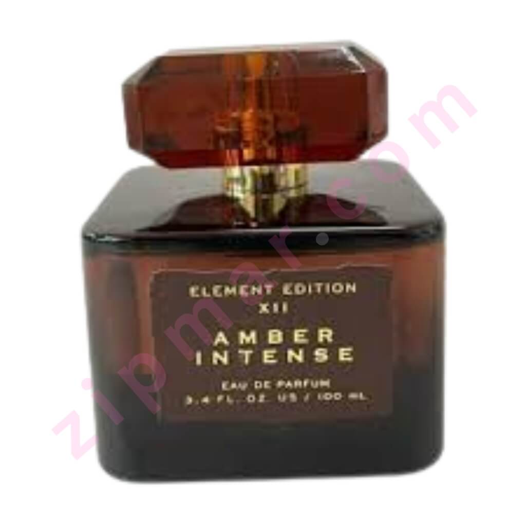 Amber Intense perfume bottle with a gold cap on a white background
