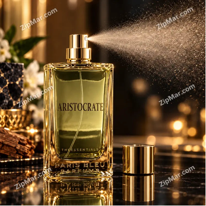Aristocrate The Essentials by Paris Bleu Parfums green gold perfume bottle with gold atomizer, spraying beside the gold cap