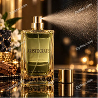 Thumbnail for Aristocrate The Essentials by Paris Bleu Parfums green gold perfume bottle with gold atomizer, spraying beside the gold cap