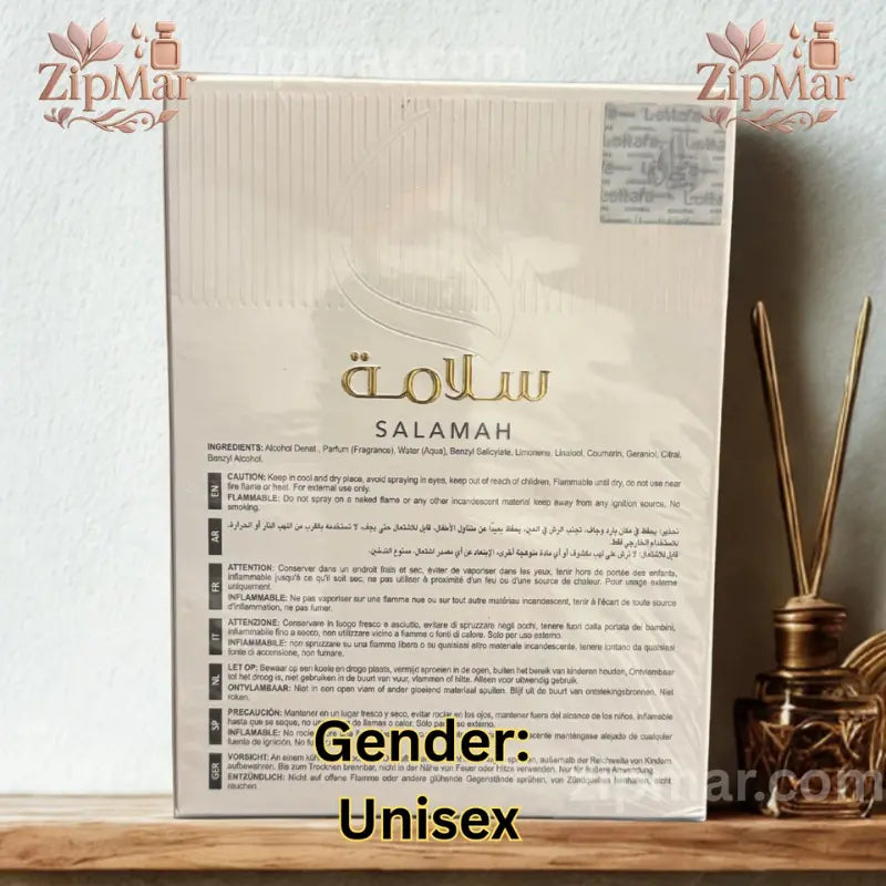 Back view of Asdaaf Salamah perfume box displaying ingredients and safety precautions