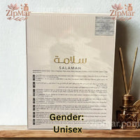 Thumbnail for Back view of Asdaaf Salamah perfume box displaying ingredients and safety precautions