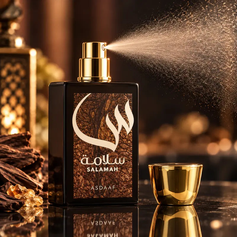 Asdaaf Salamah perfume in a black bottle with brown textured label and Arabic script, spraying from a gold atomizer next to the gold cap