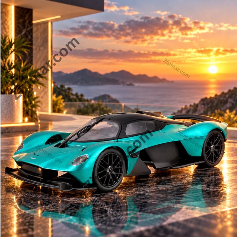 Teal Aston Martin Valkyrie model car with black roof, black wheels and rear wing, front three quarter view