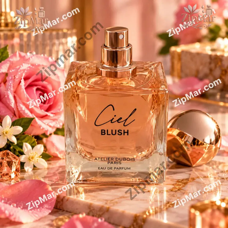 Atelier Dubois Paris Ciel Blush Eau de Parfum glass bottle with gold spray nozzle open and cap off