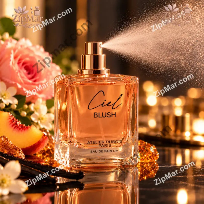 Atelier Dubois Paris Ciel Blush Eau de Parfum spray mist bottle surrounded by pink roses and peach blossoms