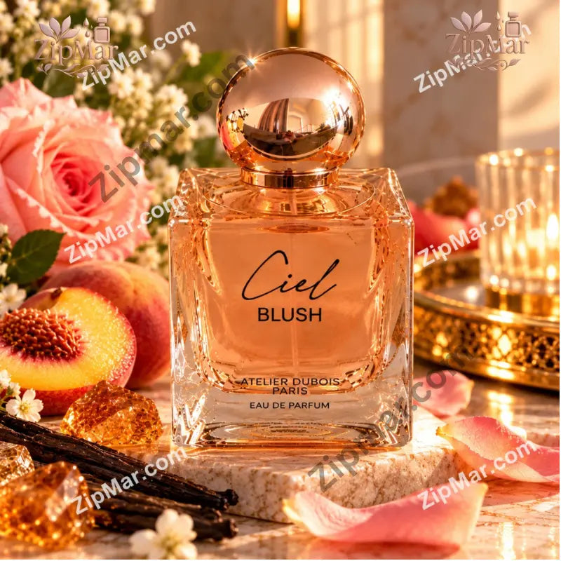 Atelier Dubois Paris Ciel Blush Eau de Parfum 3.4 fl oz bottle displayed with rose petals and peach slices
