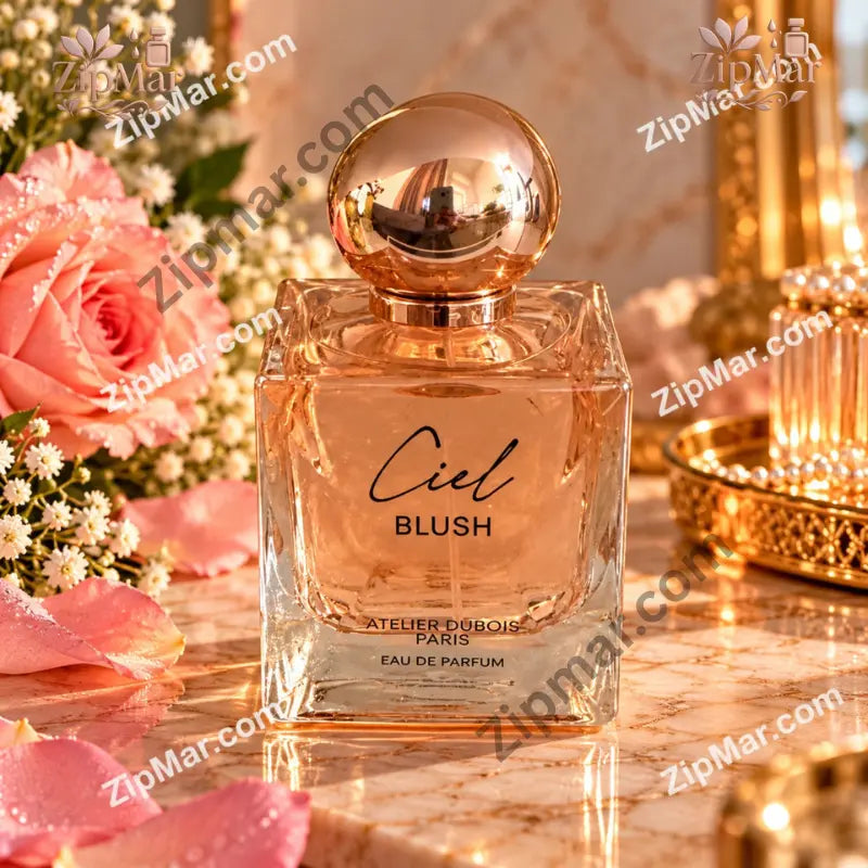 Atelier Dubois Paris Ciel Blush Eau de Parfum square glass bottle with round gold-tone cap on marble surface