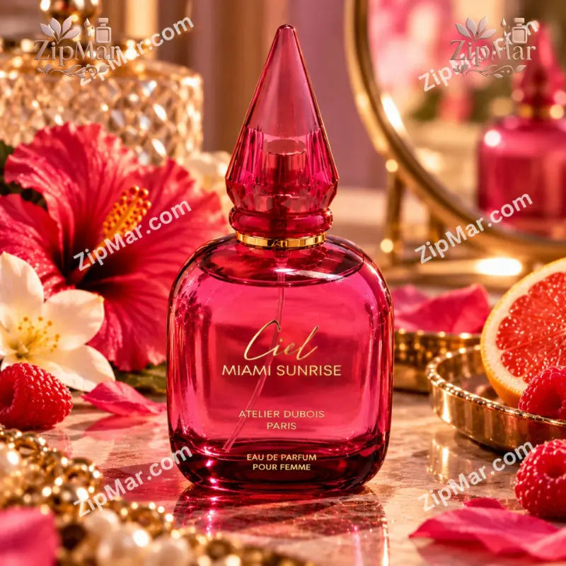 Atelier Dubois Paris Ciel Miami Sunrise Eau de Parfum bottle spraying mist against a tropical sunset background