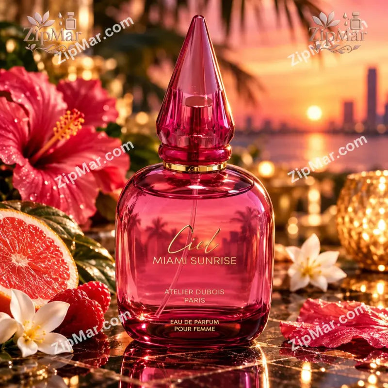 Angle view of Atelier Dubois Paris Ciel Miami Sunrise fuchsia glass bottle with pointed cap and gold collar