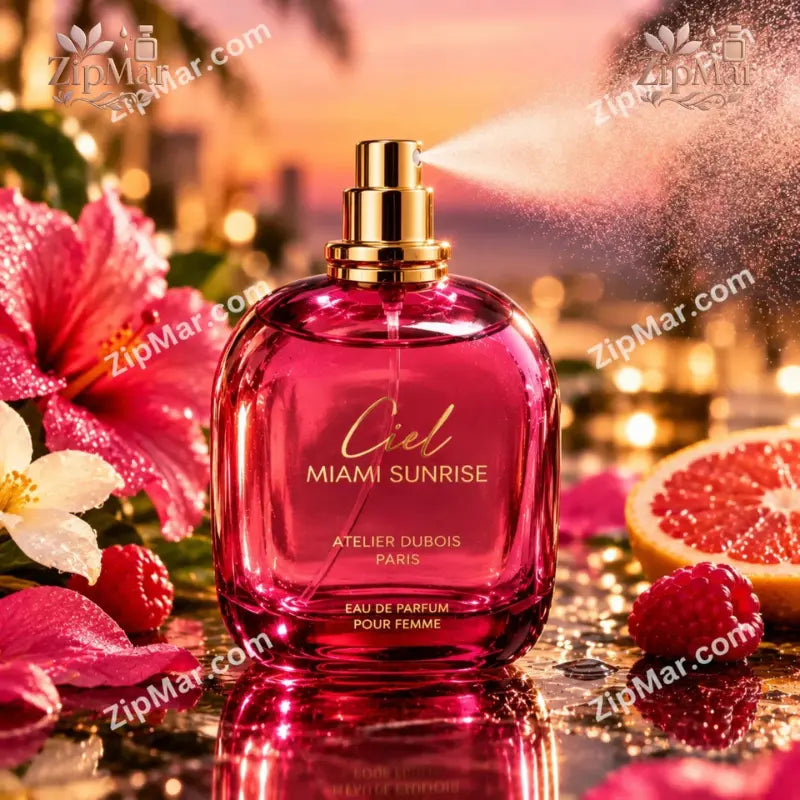 Atelier Dubois Paris Ciel Miami Sunrise Eau de Parfum 3.4 fl oz bottle displayed with fresh raspberries and white blossoms